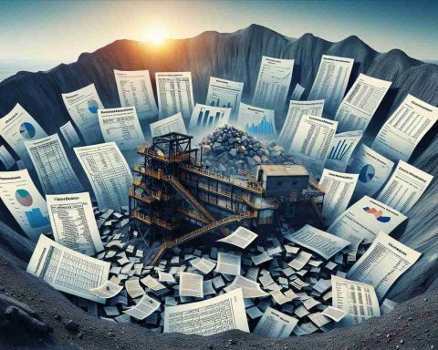 Create an image in high definition that represents the hidden financial story of Coal India. This could be a conceptual representation showing a large coal mine with financial documents like profit and loss statements, balance sheets, and investment charts scattered around. Provide a surreal aspect by having some documents partially obscured or hidden within the mine, suggestive of the veiled complexity within the corporation's financial structure.