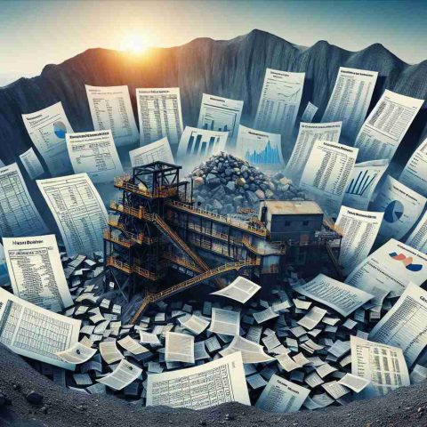 Create an image in high definition that represents the hidden financial story of Coal India. This could be a conceptual representation showing a large coal mine with financial documents like profit and loss statements, balance sheets, and investment charts scattered around. Provide a surreal aspect by having some documents partially obscured or hidden within the mine, suggestive of the veiled complexity within the corporation's financial structure.