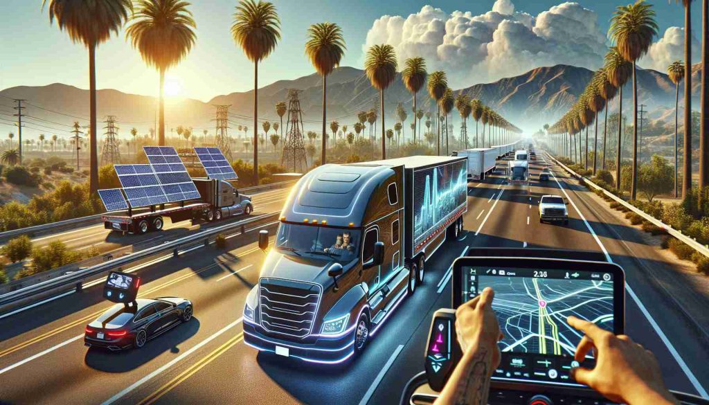 Generate a high-definition, realistic image showcasing the revolution in trucking within Southern California. The scene should depict modern, eco-friendly semi-trucks journeying on the sunny highways lined with palm trees. Visible in the background could be the majestic San Gabriel Mountains. The vehicles should exhibit advanced features like solar panels and electric charging points demonstrating the shift in technology. In one of the trucks, show a Hispanic female truck driver focused on the road. In another, present a Black male truck driver adjusting a GPS system for navigation.