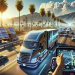 Generate a high-definition, realistic image showcasing the revolution in trucking within Southern California. The scene should depict modern, eco-friendly semi-trucks journeying on the sunny highways lined with palm trees. Visible in the background could be the majestic San Gabriel Mountains. The vehicles should exhibit advanced features like solar panels and electric charging points demonstrating the shift in technology. In one of the trucks, show a Hispanic female truck driver focused on the road. In another, present a Black male truck driver adjusting a GPS system for navigation.