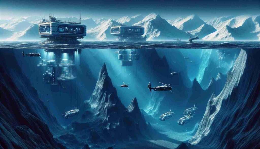 A realistic, high-definition image encapsulating Norway's ambitious plans for deep-sea mineral mining. The scene should include an underwater landscape dominated by rugged subaqueous mountains and trenches. On this landscape, envision futuristic underwater vehicles designed for mineral extraction: robotic arms, drilling machines, and large collection tanks. Use a color palette rich in shades of blue to signify the ocean depths, but also incorporate metallic tones to denote the presence of minerals. The vastness of the ocean, contrasted with the machinery, should tell a story of human ambition and maritime exploration.