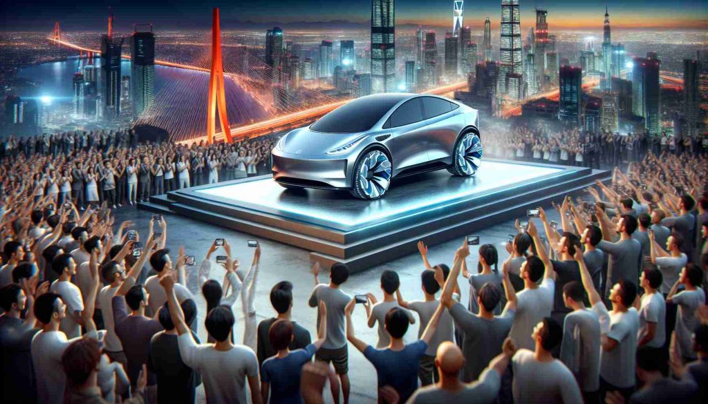 Generate a highly realistic, high-definition image of a new and revolutionary electric vehicle being launched by an unidentified car manufacturing company in an emerging market.  Visualize the excitement and innovation associated with such an event, including views of the sleek, modern electric vehicle itself, a enthusiastic crowd of diverse observers, and the vibrant characteristics of the emerging market setting.