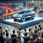 Generate a highly realistic, high-definition image of a new and revolutionary electric vehicle being launched by an unidentified car manufacturing company in an emerging market.  Visualize the excitement and innovation associated with such an event, including views of the sleek, modern electric vehicle itself, a enthusiastic crowd of diverse observers, and the vibrant characteristics of the emerging market setting.