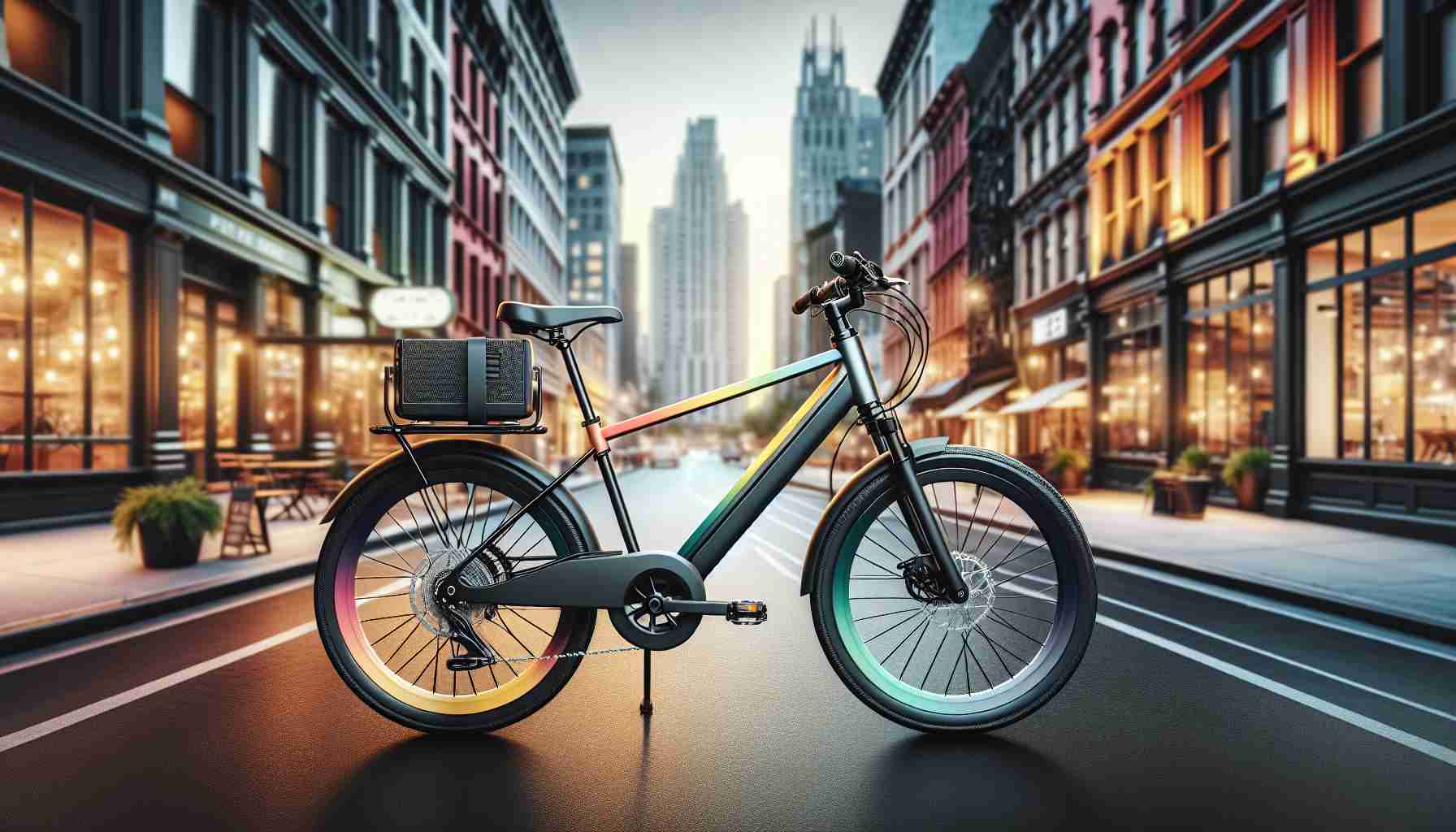 Generate a highly detailed, realistic image of The SwiftRide Urban Cruiser. This is a chic and modern companion for city dwellers. The bike should have sleek lines and a modern design, making it perfect for navigating city streets. The color scheme is ideally suited to an urban environment, with bright, bold tones offset by muted greys and blacks. It should be parked against the backdrop of a lively city scene, perhaps near a bustling coffee shop or park. Please emphasize the trendy, functional aspects of this urban cruiser.