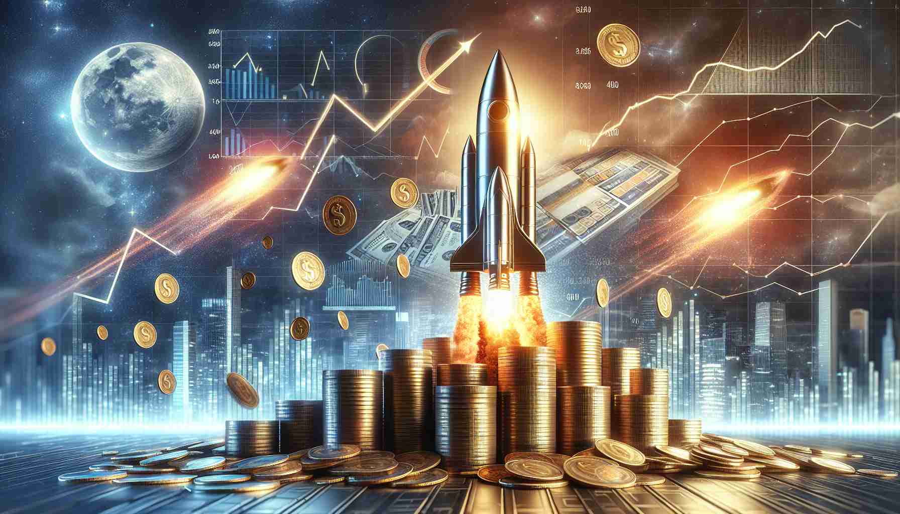 Generate a high definition realistic image representing the concept of a major financial firm's investment in a leading metal company significantly increasing. The scene should be metaphorical and could include elements like graphs or charts indicating an upward trend, coins in abundance, and symbolic visuals like a rocket soaring high into the sky, reflecting the rapid growth and high return on investment.