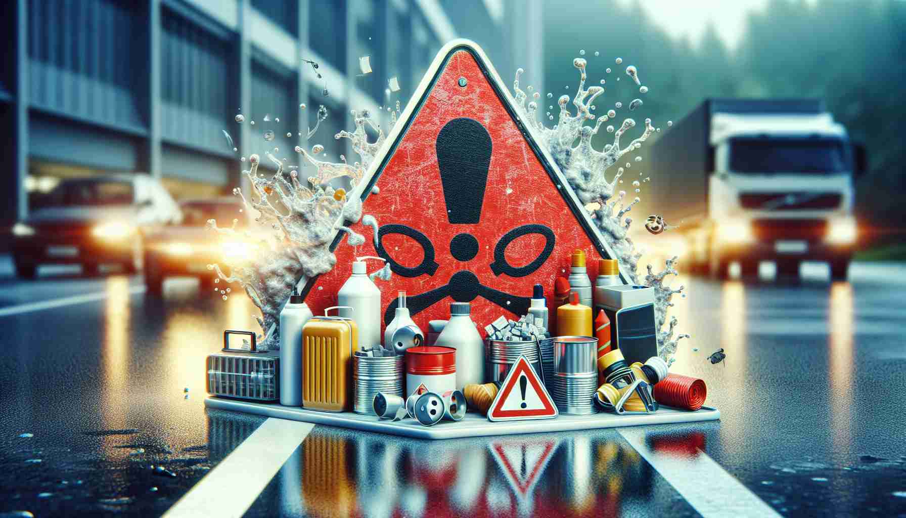 A highly detailed and realistic image portraying a warning against unsafe products causing tragic incidents. It could feature visual elements generally associated with safety and danger, such as a bold red traffic sign or symbol implying caution, contrasted with everyday items positioned in a way that implies potential hazard. The background should be significantly blurred to lay emphasis on the warning sign and hazardous items. The focus of the image should evoke a strong sense of caution and awareness about the potential risk and tragic incidents caused by unsafe products.