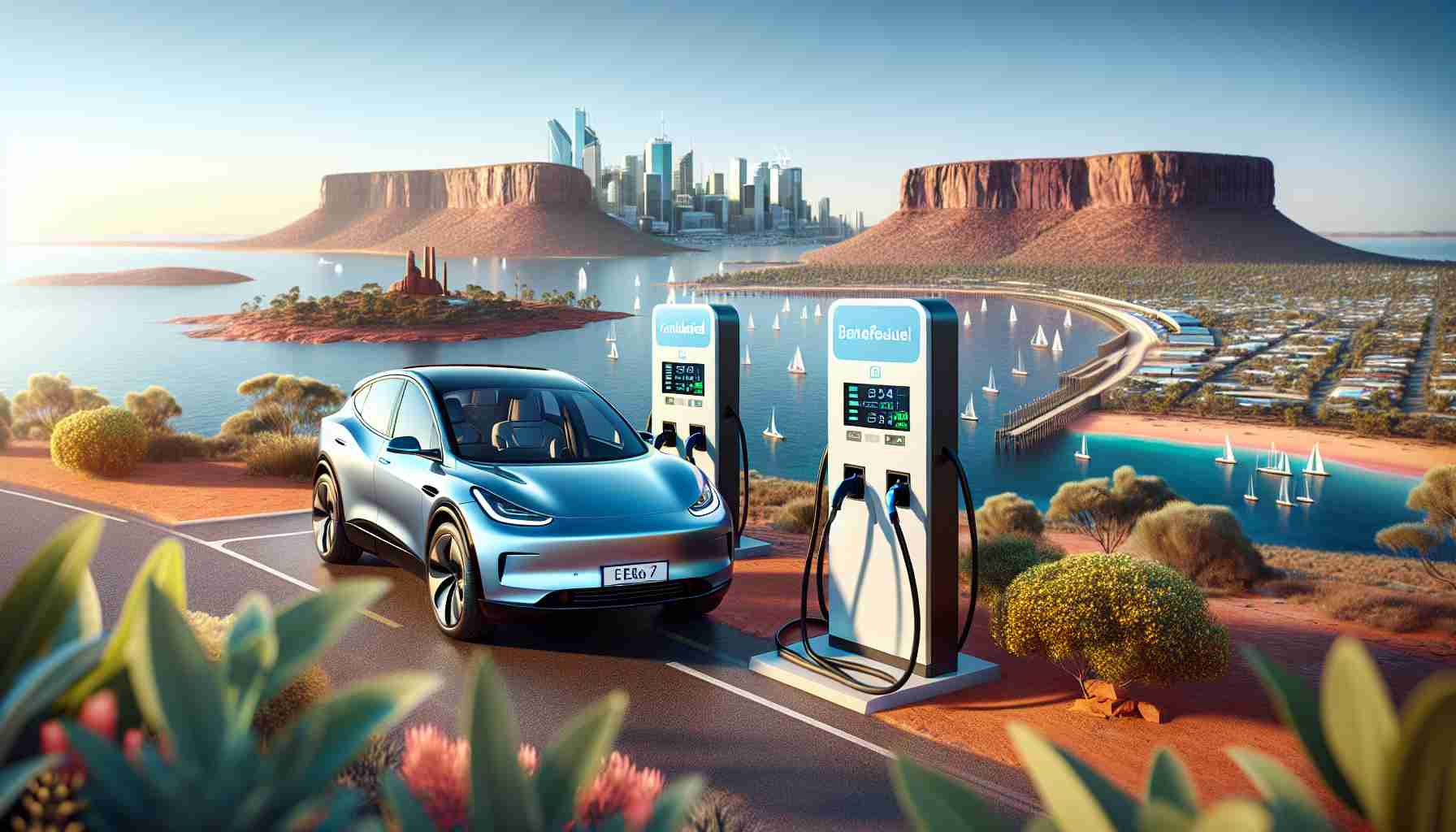 Generate a high-definition and realistic image showcasing a new electric vehicle (EV) offering in Australia. The image should highlight key features of the EV, such as sleek and eco-friendly design and advanced technology. Depict an included beneficial factor, which is a fast-charging network across the country. Show charging stations at scenic locations such as a beach, a cityscape, or the outback. Represent the Australian setting with iconic landmarks or native flora and fauna in the background.