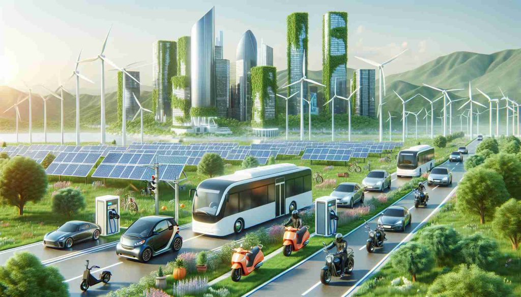 Create a high-definition, realistic image representing the future of sustainable mobility explored through alternative electric vehicles. The scene should include different designs of electric vehicles like motorcycles, cars, and buses exercising renewable energy technologies. Also, depict a landscape that underscores clean, sustainable energy, for instance, wind turbines, solar panels, and charging stations that use green energy. Remember to diversify the background with a blend of urban and rural settings -- skyscrapers threaded with greenery and countryside roads surrounded by nature, both bustling with these environment-friendly vehicles.