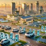 Render a realistic high definition visualization that represents the concept of Electric Vehicle chargers being the keystone to the future of transportation. Include a futuristic cityscape with sustainable architecture, solar panels, wind turbines, and numerous EV charging stations. In the foreground, depict a variety of electric vehicles being charged. Ensure to capture the sustainable, tech-forward vibe of the scene.