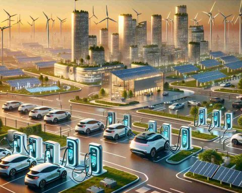 Render a realistic high definition visualization that represents the concept of Electric Vehicle chargers being the keystone to the future of transportation. Include a futuristic cityscape with sustainable architecture, solar panels, wind turbines, and numerous EV charging stations. In the foreground, depict a variety of electric vehicles being charged. Ensure to capture the sustainable, tech-forward vibe of the scene.