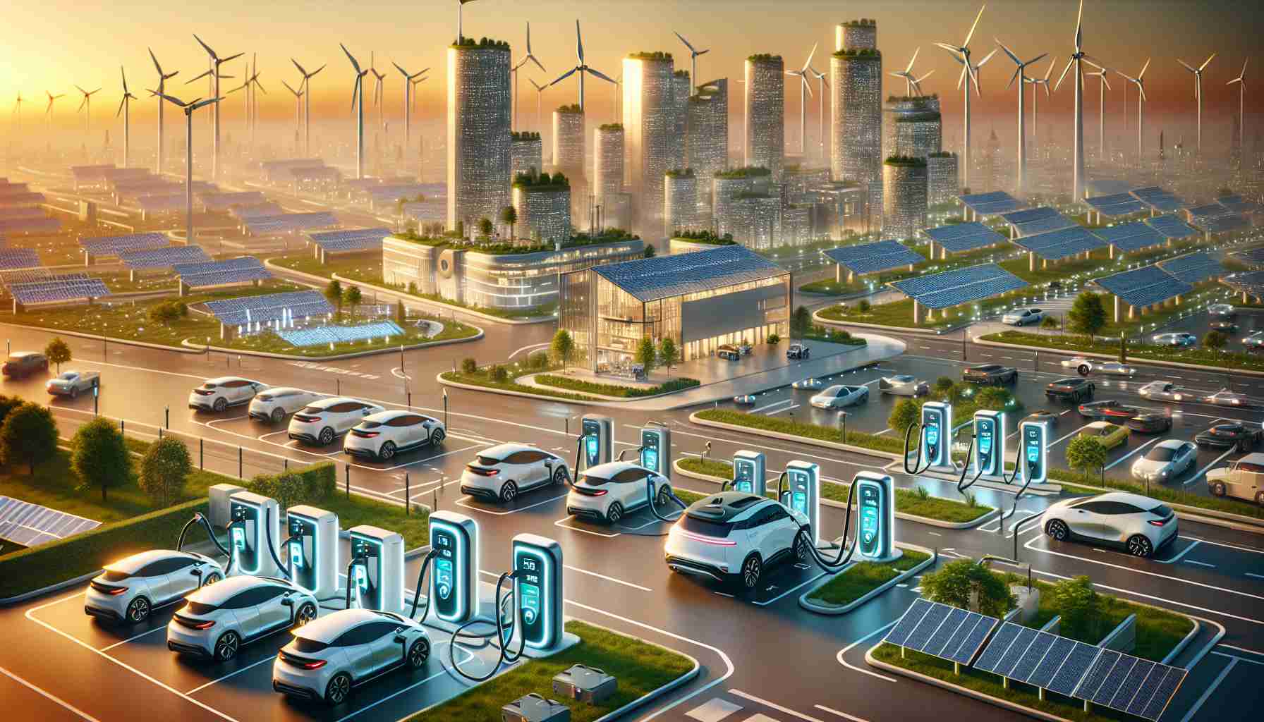 Render a realistic high definition visualization that represents the concept of Electric Vehicle chargers being the keystone to the future of transportation. Include a futuristic cityscape with sustainable architecture, solar panels, wind turbines, and numerous EV charging stations. In the foreground, depict a variety of electric vehicles being charged. Ensure to capture the sustainable, tech-forward vibe of the scene.