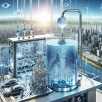 A detailed and high-definition depiction of a potential future where hydrogen is the primary fuel source. The image includes a cutting-edge laboratory where water is being broken down into its base components, hydrogen and oxygen, through the process of electrolysis. The image also covers a cityscape in the background that is powered entirely by clean, hydrogen fuel cells. The sky must be clear and blue, symbolizing the cleaner environment this future could bring.