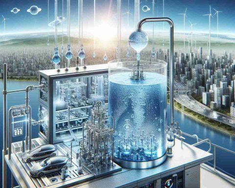 A detailed and high-definition depiction of a potential future where hydrogen is the primary fuel source. The image includes a cutting-edge laboratory where water is being broken down into its base components, hydrogen and oxygen, through the process of electrolysis. The image also covers a cityscape in the background that is powered entirely by clean, hydrogen fuel cells. The sky must be clear and blue, symbolizing the cleaner environment this future could bring.