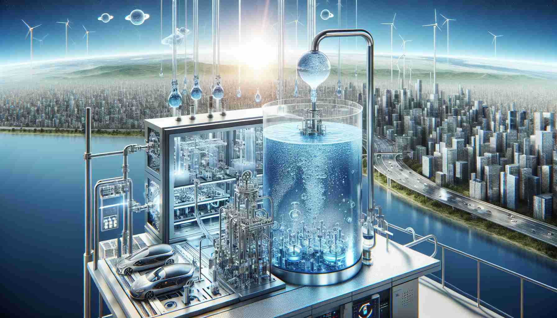 A detailed and high-definition depiction of a potential future where hydrogen is the primary fuel source. The image includes a cutting-edge laboratory where water is being broken down into its base components, hydrogen and oxygen, through the process of electrolysis. The image also covers a cityscape in the background that is powered entirely by clean, hydrogen fuel cells. The sky must be clear and blue, symbolizing the cleaner environment this future could bring.