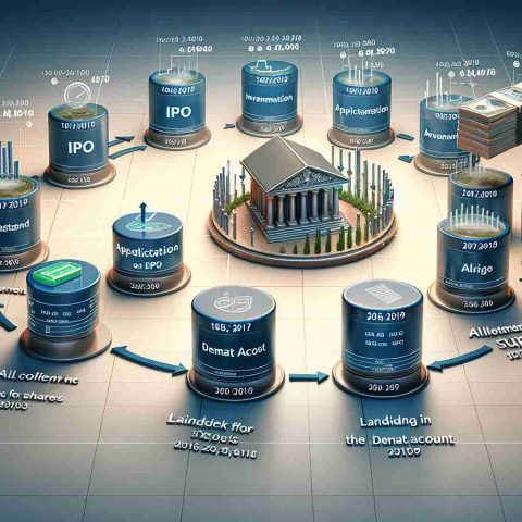 A realistic high-definition illustration visualising the timeline of an Initial Public Offer (IPO) shares being credited to a Demat Account. The image should include various stages like the announcement of IPO, application for shares, allotment, and finally landing in the Demat account, each marked with respective dates on the timeline.