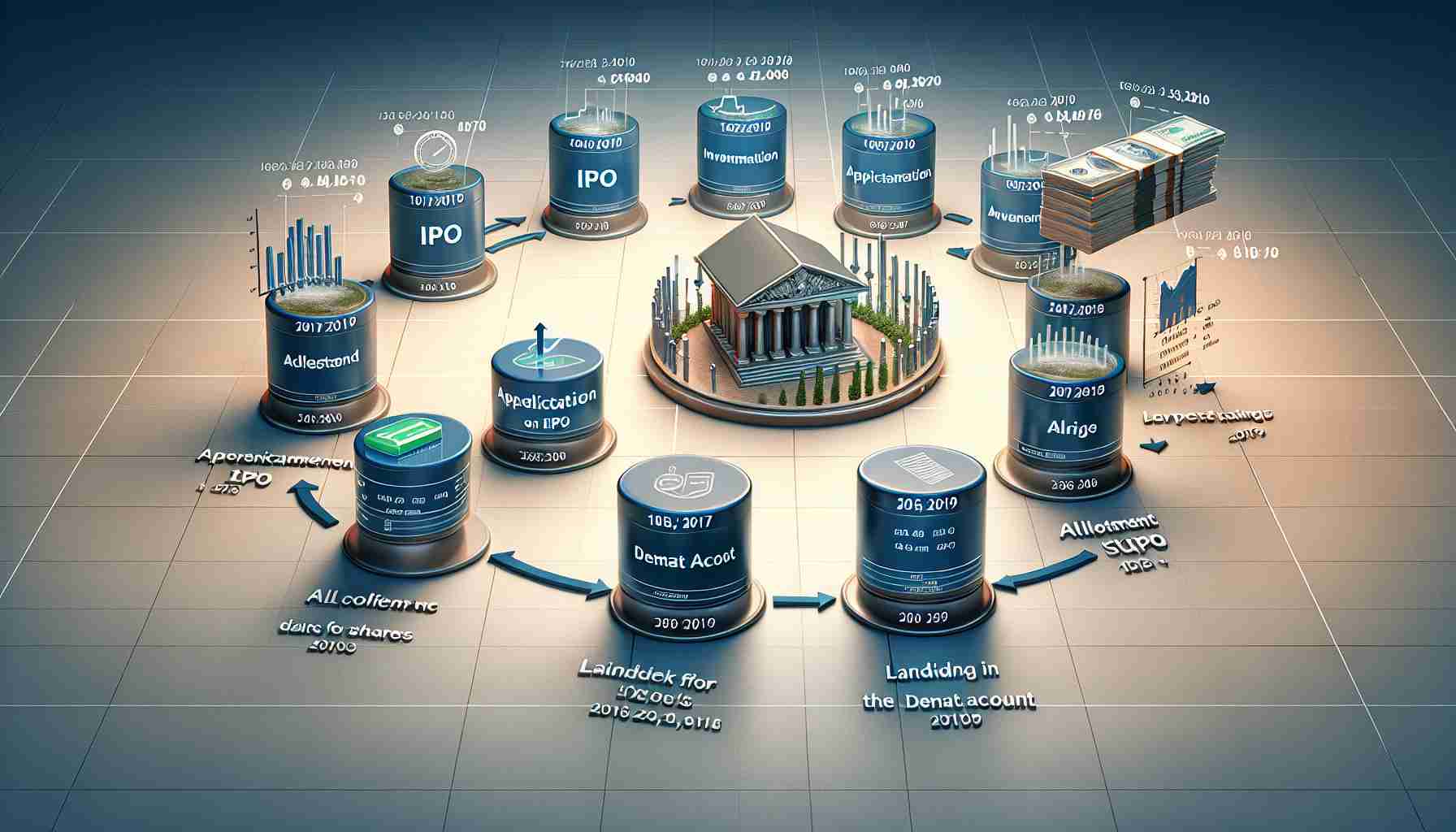 A realistic high-definition illustration visualising the timeline of an Initial Public Offer (IPO) shares being credited to a Demat Account. The image should include various stages like the announcement of IPO, application for shares, allotment, and finally landing in the Demat account, each marked with respective dates on the timeline.