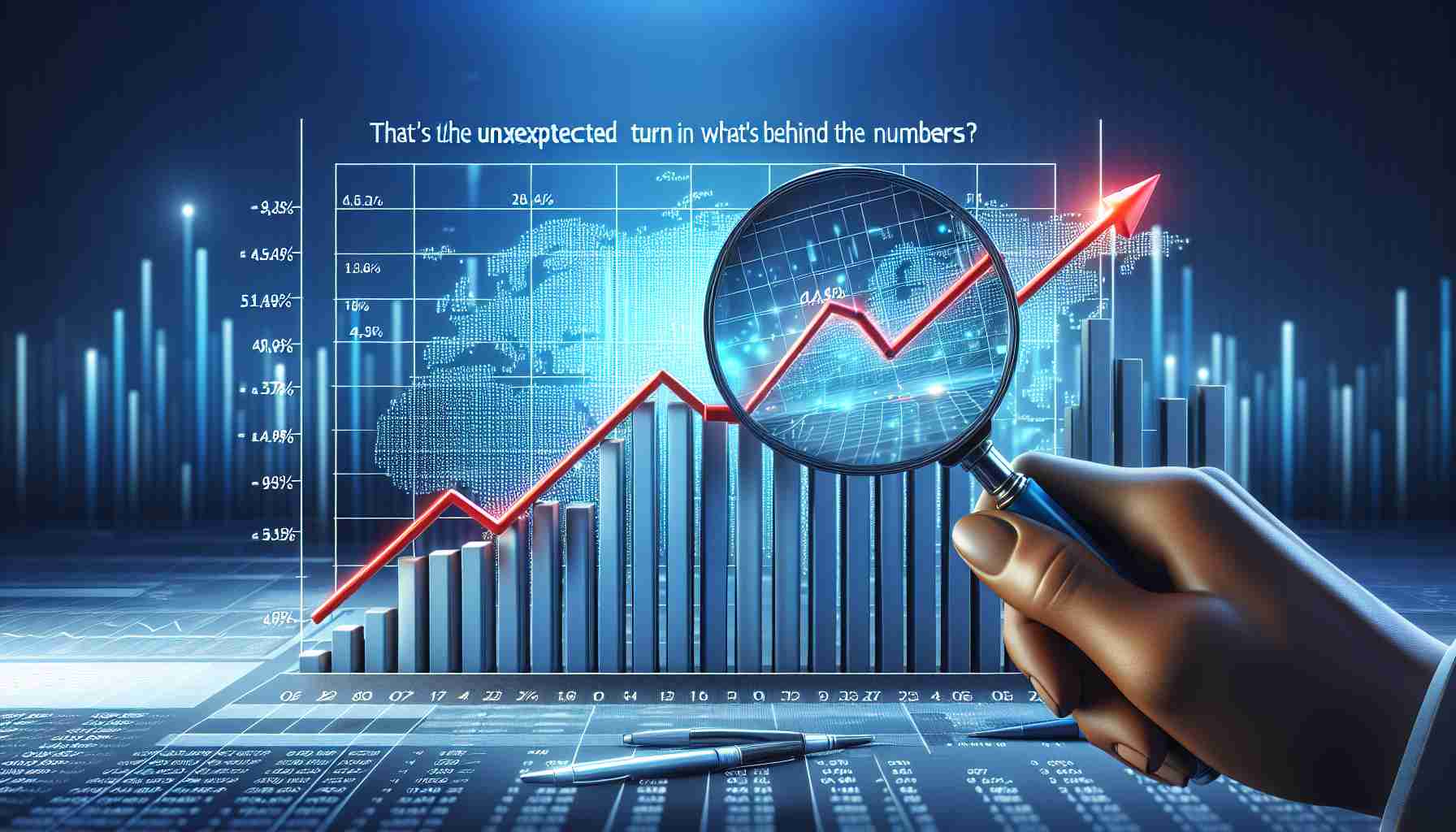 Realistic HD representation of the concept 'The Unexpected Turn in Market Shares: What's Behind the Numbers?'. Show a graph dramatically changing its course in the middle, indicating an unexpected turn in market shares. Add a magnifying glass focusing on the point where the shift happens, symbolizing investigation of what's behind the numbers.