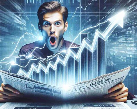 An attention-grabbing, high-definition, realistic image portraying the surge of a stock market. The photo features a stock chart with a clear upward trend, perhaps a financial newspaper or news ticker on a screen in the background, with excitement and urgency visibly present in the scene.