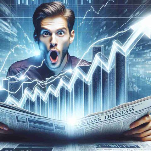 An attention-grabbing, high-definition, realistic image portraying the surge of a stock market. The photo features a stock chart with a clear upward trend, perhaps a financial newspaper or news ticker on a screen in the background, with excitement and urgency visibly present in the scene.