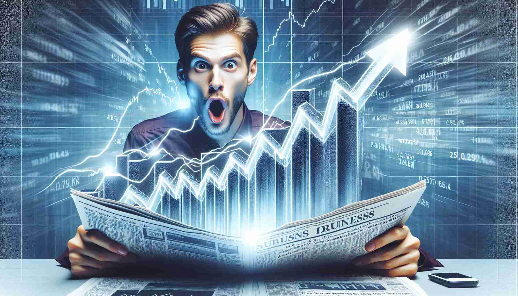 An attention-grabbing, high-definition, realistic image portraying the surge of a stock market. The photo features a stock chart with a clear upward trend, perhaps a financial newspaper or news ticker on a screen in the background, with excitement and urgency visibly present in the scene.