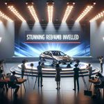 Realistic high-definition image of a breaking news scene: a stunning revamp is unveiled for a highly-anticipated car model. The setting is a large, brightly lit stage with a massive screen behind showing details and the title 'Stunning Revamp Unveiled'. The car model, sleek and modern with a glossy finish, is in the center, under a spotlight. There are photographers and reporters, some Asian men and some black women, capturing the moment and broadcasting live.