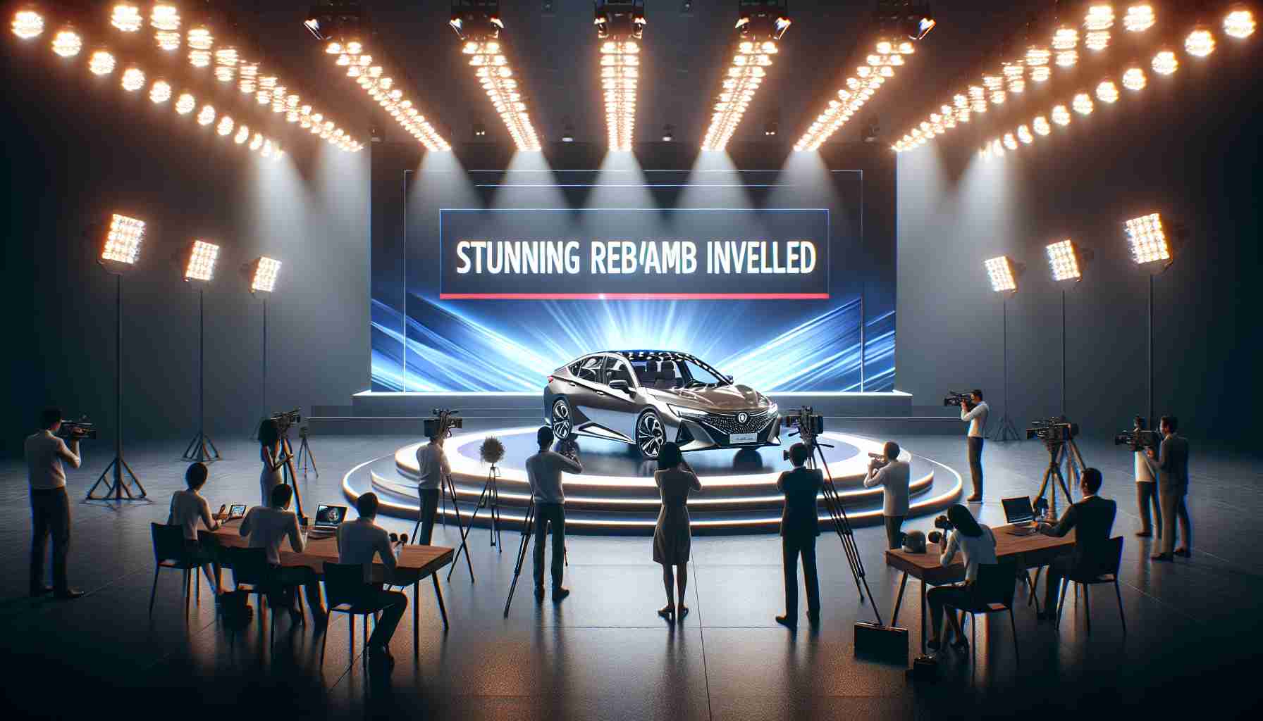 Realistic high-definition image of a breaking news scene: a stunning revamp is unveiled for a highly-anticipated car model. The setting is a large, brightly lit stage with a massive screen behind showing details and the title 'Stunning Revamp Unveiled'. The car model, sleek and modern with a glossy finish, is in the center, under a spotlight. There are photographers and reporters, some Asian men and some black women, capturing the moment and broadcasting live.