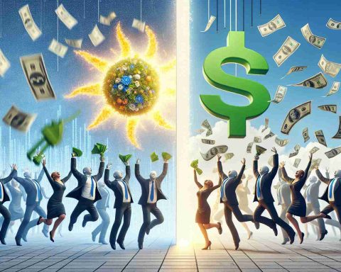 Realistic HD image representing the future of Suzlon Energy, with symbols that could suggest positivity or optimism. The scene may include one side teeming with bright and cheerful elements to represent a bright future, and another side consisting of investors portrayed with exaggerated optimism - perhaps tossing money into the air or dancing gleefully. The two opposing views are split by a vertical line for contrast. Do not include any real individuals or identifiable features.