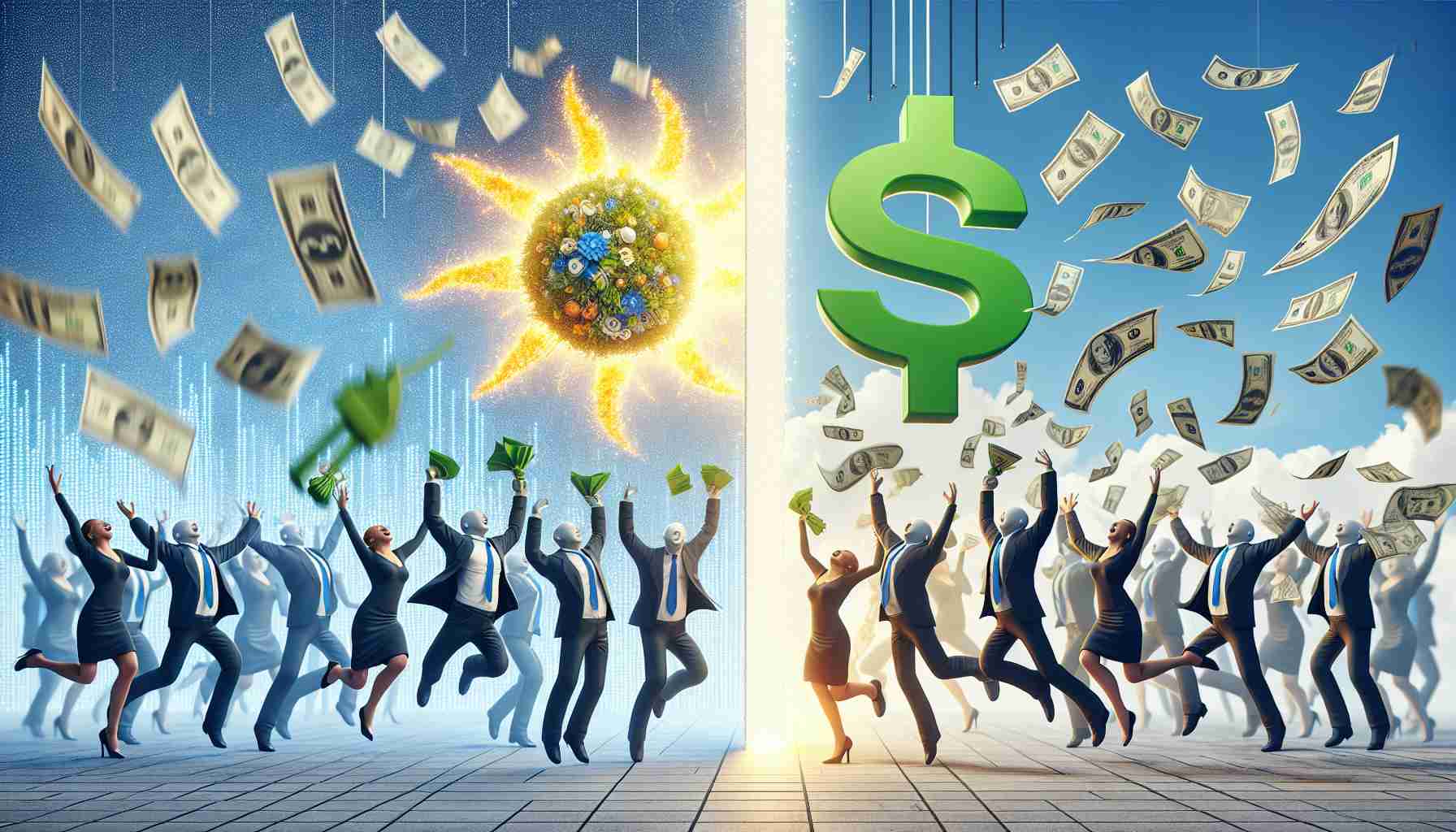 Realistic HD image representing the future of Suzlon Energy, with symbols that could suggest positivity or optimism. The scene may include one side teeming with bright and cheerful elements to represent a bright future, and another side consisting of investors portrayed with exaggerated optimism - perhaps tossing money into the air or dancing gleefully. The two opposing views are split by a vertical line for contrast. Do not include any real individuals or identifiable features.