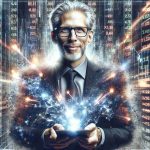 A highly detailed realistic portrayal of a blurred stock market board with luminous, exploding number values to represent the metaphorical 'ablaze'. On the front, a grey-haired middle-aged Caucasian man with glasses, holding a piece of innovative technology - perhaps a latest tablet or cutting-edge gadget, to represent the 'low key technology pioneer'. He wears a humble smile, as if unaware of the lighting frenzy he has set on the stock market.