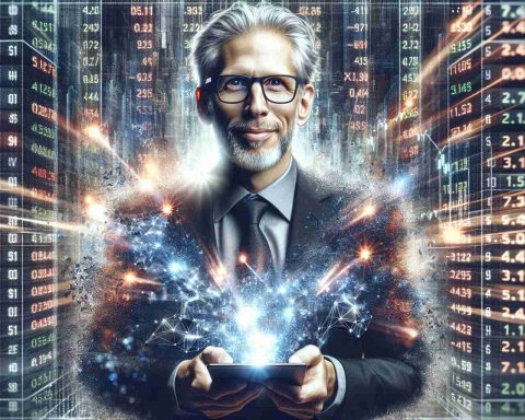 A highly detailed realistic portrayal of a blurred stock market board with luminous, exploding number values to represent the metaphorical 'ablaze'. On the front, a grey-haired middle-aged Caucasian man with glasses, holding a piece of innovative technology - perhaps a latest tablet or cutting-edge gadget, to represent the 'low key technology pioneer'. He wears a humble smile, as if unaware of the lighting frenzy he has set on the stock market.