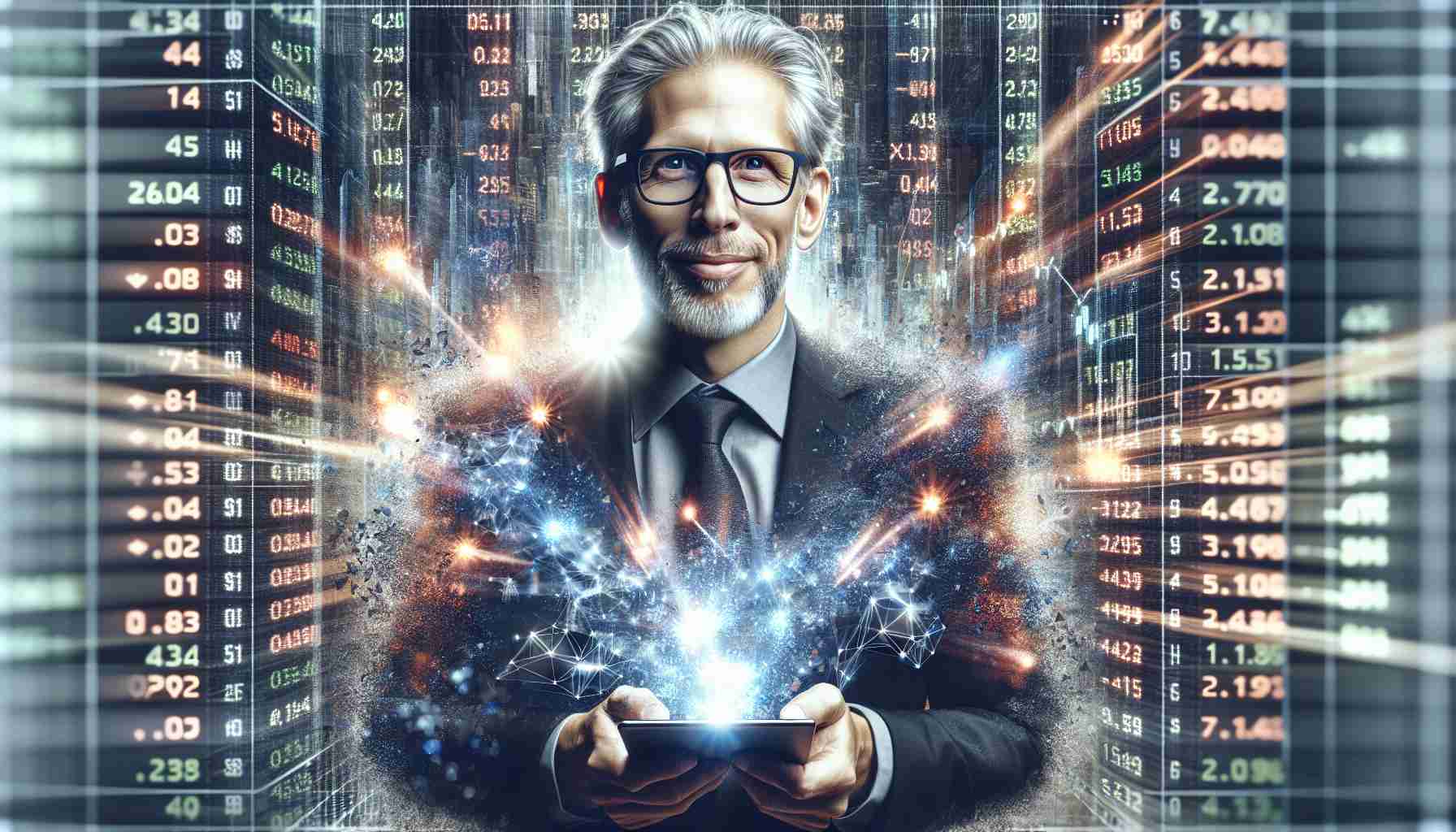 A highly detailed realistic portrayal of a blurred stock market board with luminous, exploding number values to represent the metaphorical 'ablaze'. On the front, a grey-haired middle-aged Caucasian man with glasses, holding a piece of innovative technology - perhaps a latest tablet or cutting-edge gadget, to represent the 'low key technology pioneer'. He wears a humble smile, as if unaware of the lighting frenzy he has set on the stock market.