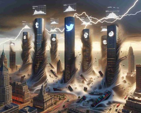 Detailed rendering of a conceptual scene representing the surprising shift in the market environment causing large tech companies to scramble for solutions. Visualize the tech companies as anthropomorphized skyscrapers with logos, reeling or teetering in a stormy financial district. Economic indicators seen as swirling wind and lighting. Note: depiction should be metaphorical, not representing any real event or company.