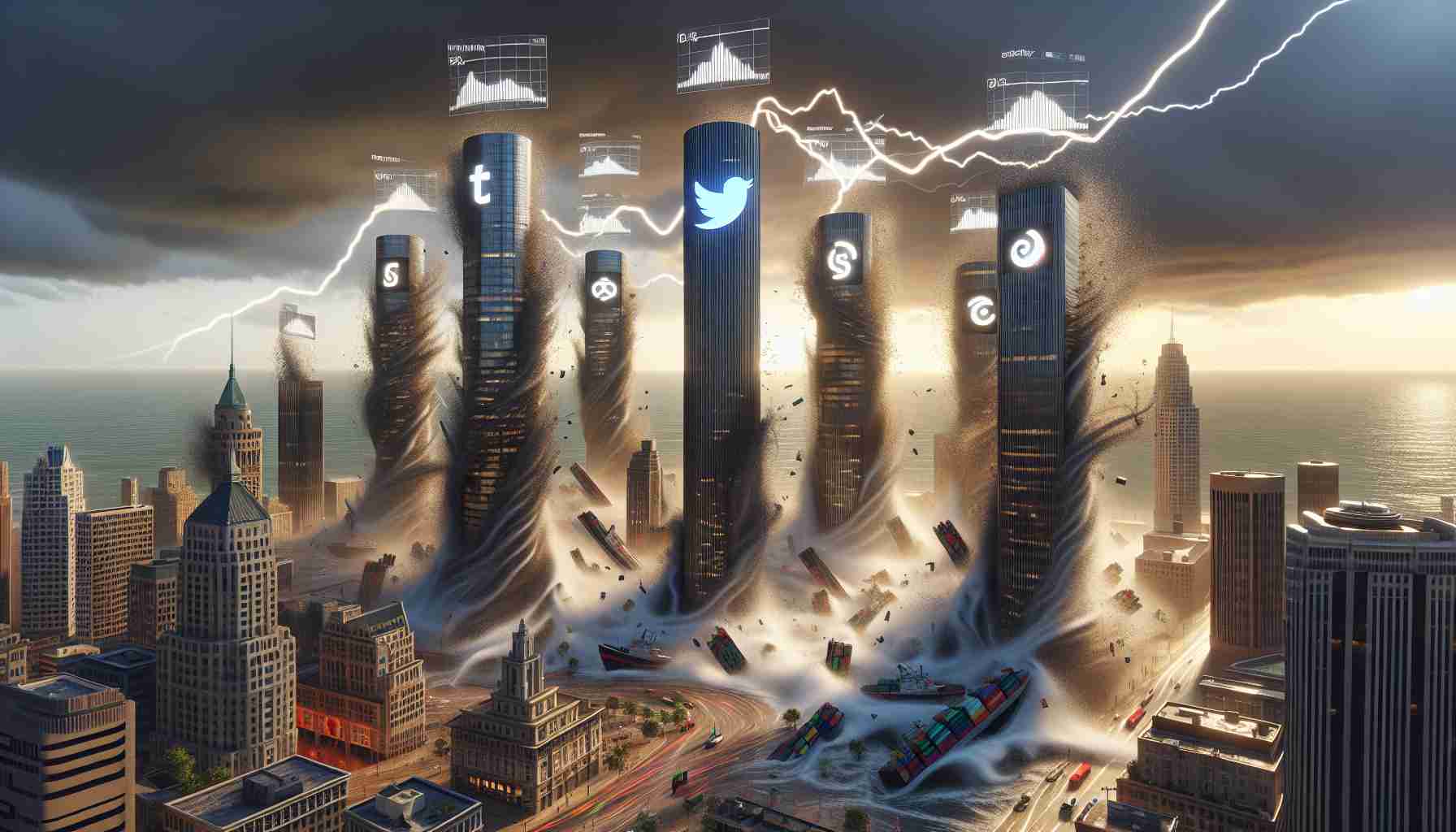 Detailed rendering of a conceptual scene representing the surprising shift in the market environment causing large tech companies to scramble for solutions. Visualize the tech companies as anthropomorphized skyscrapers with logos, reeling or teetering in a stormy financial district. Economic indicators seen as swirling wind and lighting. Note: depiction should be metaphorical, not representing any real event or company.