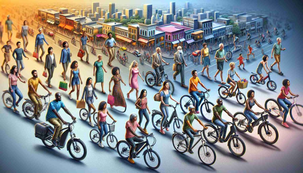 Depict a realistic, high-definition image that visualizes changing consumer lifestyles influenced by e-bike market trends. This should include images of diverse consumers from different racial backgrounds, like Hispanic, Caucasian, Middle-Eastern, Black, and South Asian, shown choosing, utilizing, or purchasing e-bikes. Incorporate different types of e-bikes, each representing different market trends. Include visual representations of evolving lifestyles, perhaps through the backgrounds, such as urban environments becoming more bike-friendly or consumers using e-bikes for commuting and outdoor leisure activities.