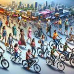 Depict a realistic, high-definition image that visualizes changing consumer lifestyles influenced by e-bike market trends. This should include images of diverse consumers from different racial backgrounds, like Hispanic, Caucasian, Middle-Eastern, Black, and South Asian, shown choosing, utilizing, or purchasing e-bikes. Incorporate different types of e-bikes, each representing different market trends. Include visual representations of evolving lifestyles, perhaps through the backgrounds, such as urban environments becoming more bike-friendly or consumers using e-bikes for commuting and outdoor leisure activities.