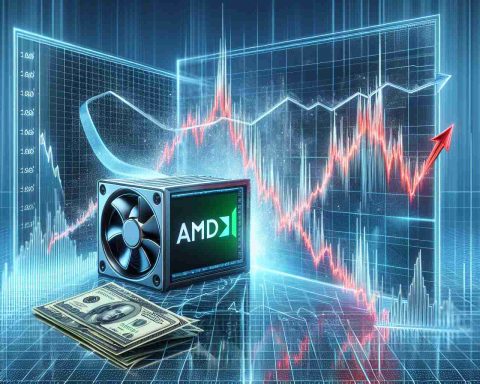 Generate a realistic high-definition image representative of a surprising twist for a high-tech company symbolized by 'AMD'. Graphic elements to include a line graph showcasing a significant positive change - indicating a 'major milestone reached', coupled with a stock market chart with values falling dramatically, symbolizing 'shares plummet'.