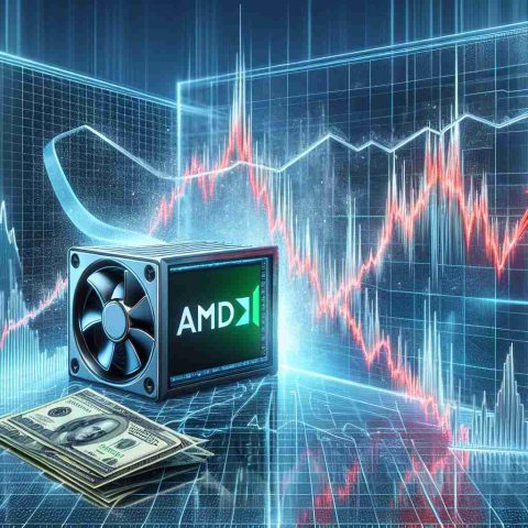 Generate a realistic high-definition image representative of a surprising twist for a high-tech company symbolized by 'AMD'. Graphic elements to include a line graph showcasing a significant positive change - indicating a 'major milestone reached', coupled with a stock market chart with values falling dramatically, symbolizing 'shares plummet'.