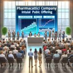 Generate a realistic HD image of a pharmaceutical company's initial public offering (IPO) announcement, with people showing excitement and hope. The scene should include a diverse group of investors, an investment station with graphs showing potential gains, and a large, decorative banner announcing the IPO. The investors should be racially diverse, including Caucasian, Hispanic, Black, Middle-Eastern, and South Asian individuals, and should span across both genders. Bring an optimistic light to the image, suggesting this could be the offering investors have been anticipating.