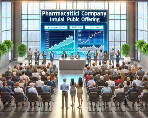 Generate a realistic HD image of a pharmaceutical company's initial public offering (IPO) announcement, with people showing excitement and hope. The scene should include a diverse group of investors, an investment station with graphs showing potential gains, and a large, decorative banner announcing the IPO. The investors should be racially diverse, including Caucasian, Hispanic, Black, Middle-Eastern, and South Asian individuals, and should span across both genders. Bring an optimistic light to the image, suggesting this could be the offering investors have been anticipating.