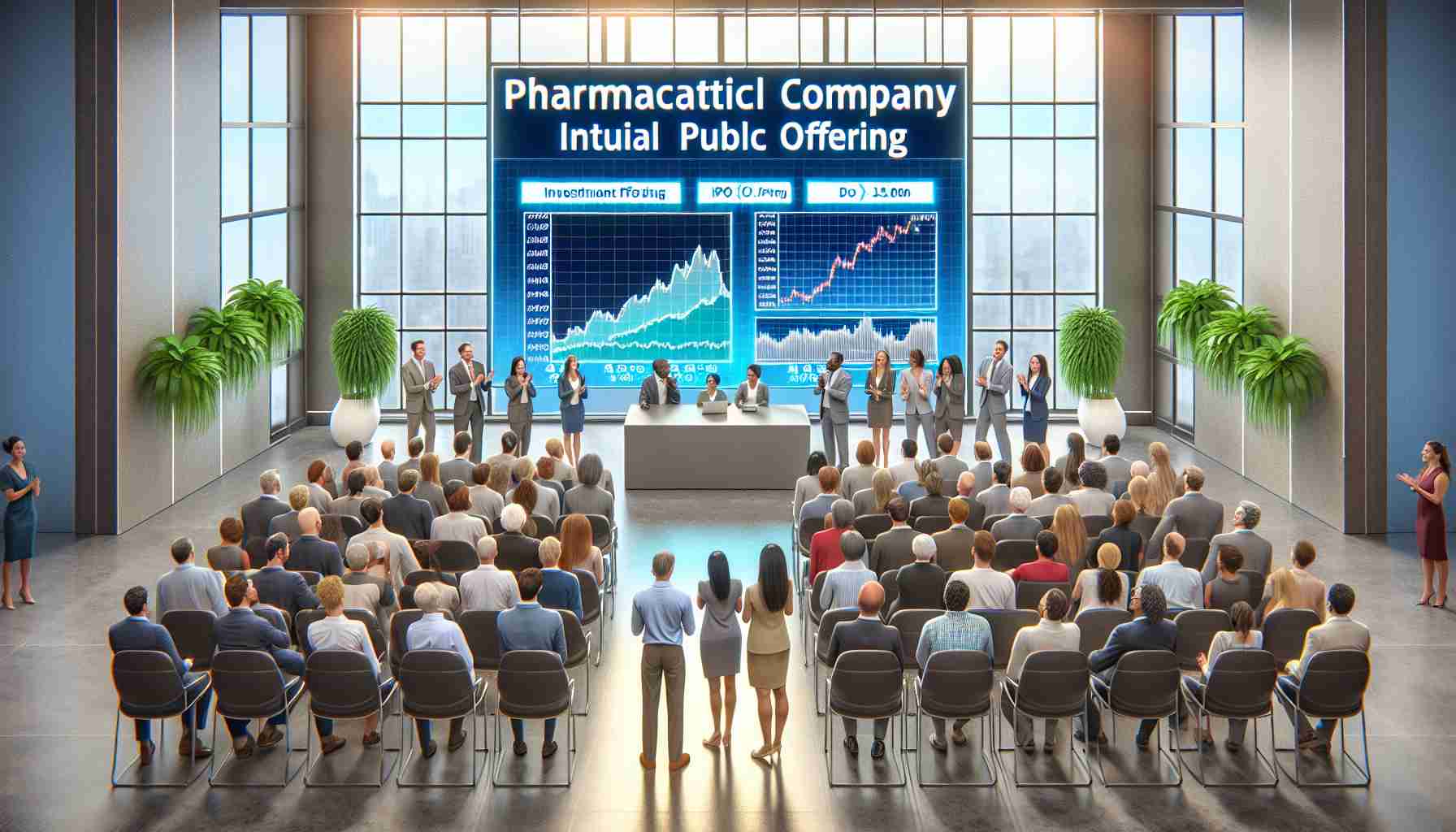 Generate a realistic HD image of a pharmaceutical company's initial public offering (IPO) announcement, with people showing excitement and hope. The scene should include a diverse group of investors, an investment station with graphs showing potential gains, and a large, decorative banner announcing the IPO. The investors should be racially diverse, including Caucasian, Hispanic, Black, Middle-Eastern, and South Asian individuals, and should span across both genders. Bring an optimistic light to the image, suggesting this could be the offering investors have been anticipating.