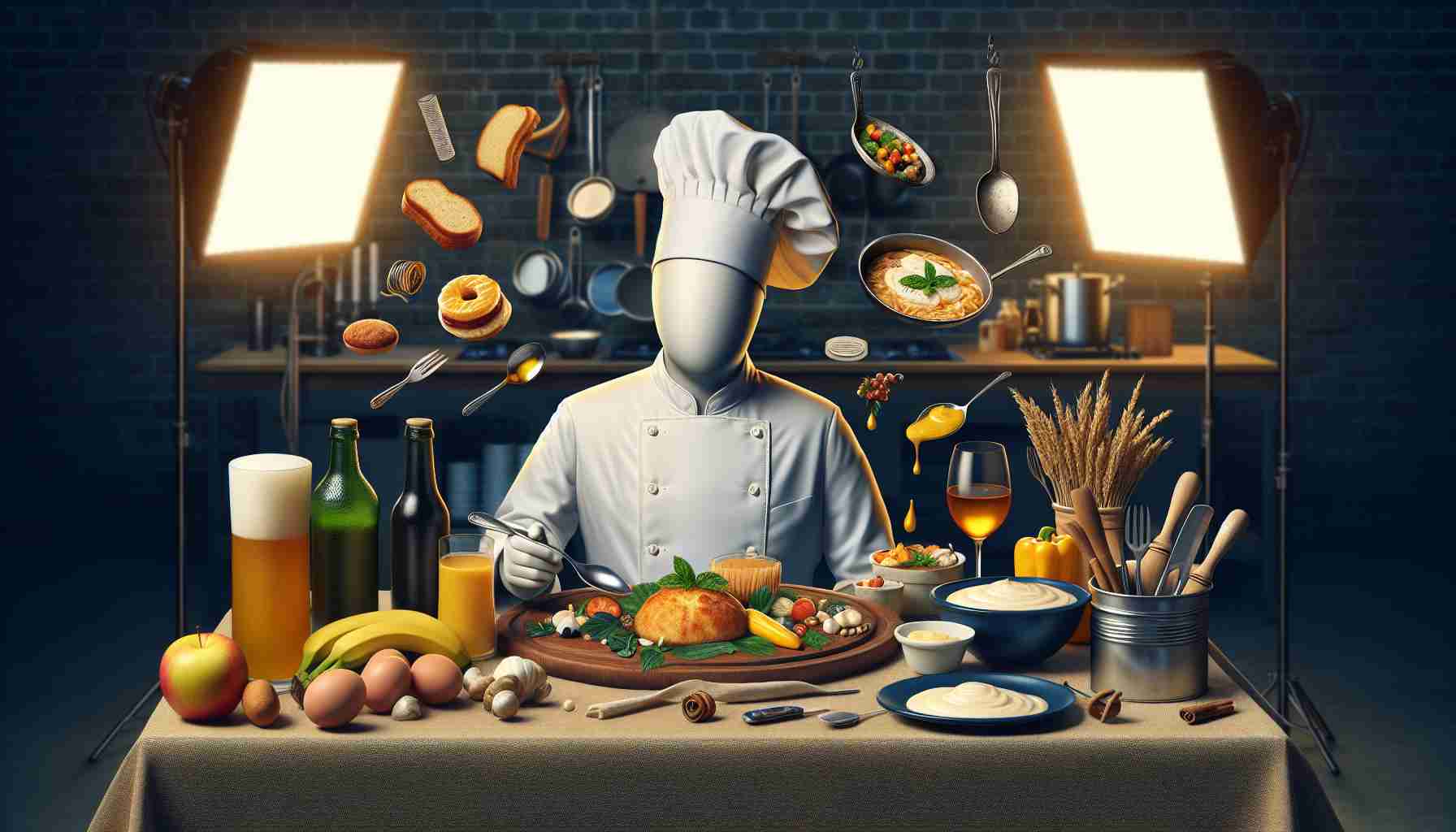 Generate a realistic high-definition image portraying a tribute to a groundbreaking culinary expert. The image should include iconic elements related to their culinary journey like a state-of-the-art kitchen, a platter with their signature dishes, and some unique culinary tools they used. Replace any person appearing in the scene with an anonymous figure who exemplifies a professional chef.