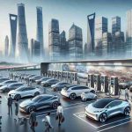 A photorealistic, HD view depicting the dominance of China's role in the electric vehicle market, bolstered by innovative practices and technological advancements. The image features an advanced Chinese electric vehicle car charging station stocked with sleek, modern electric cars. Skyscrapers punctuate the skyline, symbolizing the growth of the industry. Busy workers, including both men and women of diverse descents such as White, Hispanic, and Middle Eastern, are mingling around, exemplifying the broad range of individuals involved in this booming sector.