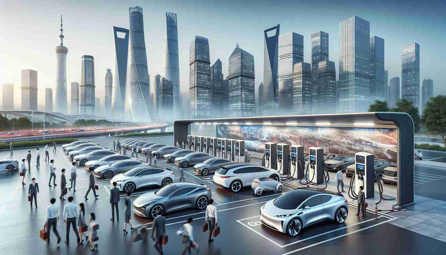 A photorealistic, HD view depicting the dominance of China's role in the electric vehicle market, bolstered by innovative practices and technological advancements. The image features an advanced Chinese electric vehicle car charging station stocked with sleek, modern electric cars. Skyscrapers punctuate the skyline, symbolizing the growth of the industry. Busy workers, including both men and women of diverse descents such as White, Hispanic, and Middle Eastern, are mingling around, exemplifying the broad range of individuals involved in this booming sector.