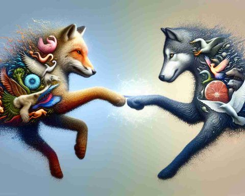 Generate a realistic high-definition image of two different entities forming an unexpected yet influential collaboration. This could be represented by two different types of animals teaming up, or objects that represent contrasting elements combining together harmoniously, creating a powerful and dynamic association that is surprising but distinctly transformative.