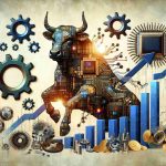 Generate a high-definition, realistic image of an metaphorical representation depicting Wall Street's trust in the power of technology innovators. It could include technology symbols like gears, microchips, and robotic arms juxtaposed with traditional Wall Street imagery like a bull, charts, and financial documents.