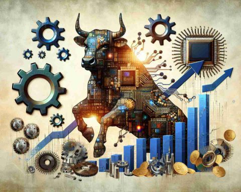 Generate a high-definition, realistic image of an metaphorical representation depicting Wall Street's trust in the power of technology innovators. It could include technology symbols like gears, microchips, and robotic arms juxtaposed with traditional Wall Street imagery like a bull, charts, and financial documents.