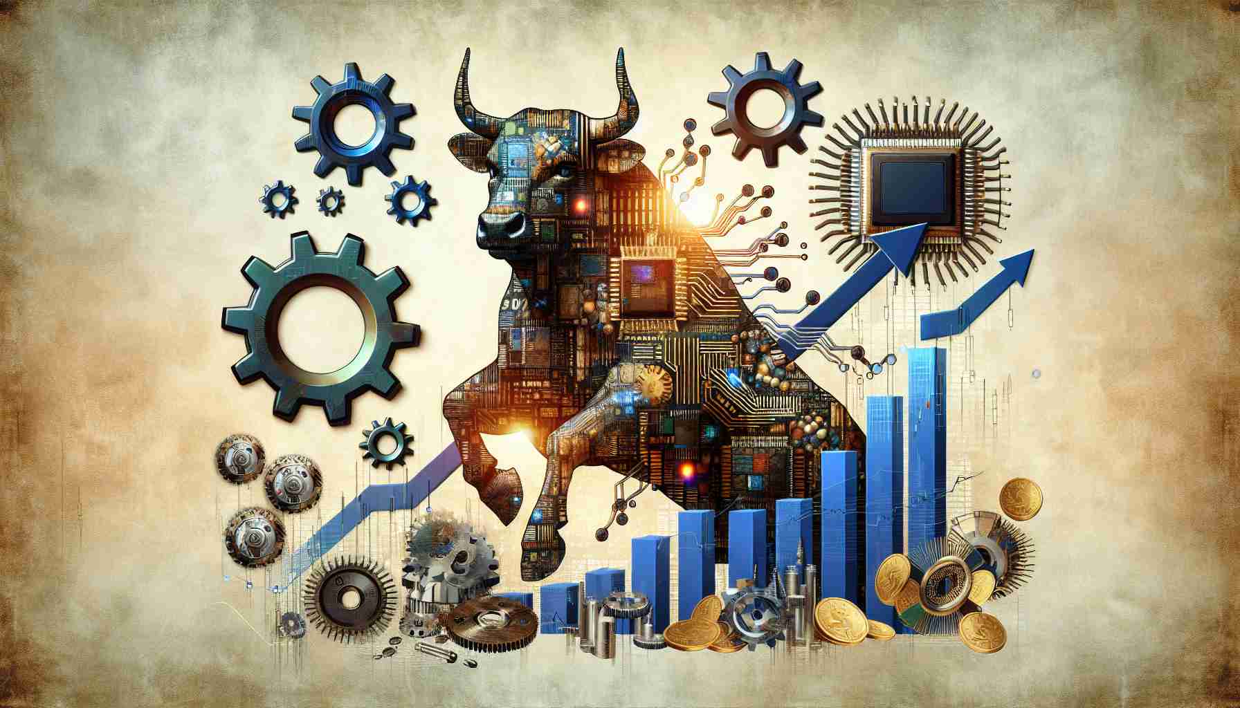 Generate a high-definition, realistic image of an metaphorical representation depicting Wall Street's trust in the power of technology innovators. It could include technology symbols like gears, microchips, and robotic arms juxtaposed with traditional Wall Street imagery like a bull, charts, and financial documents.