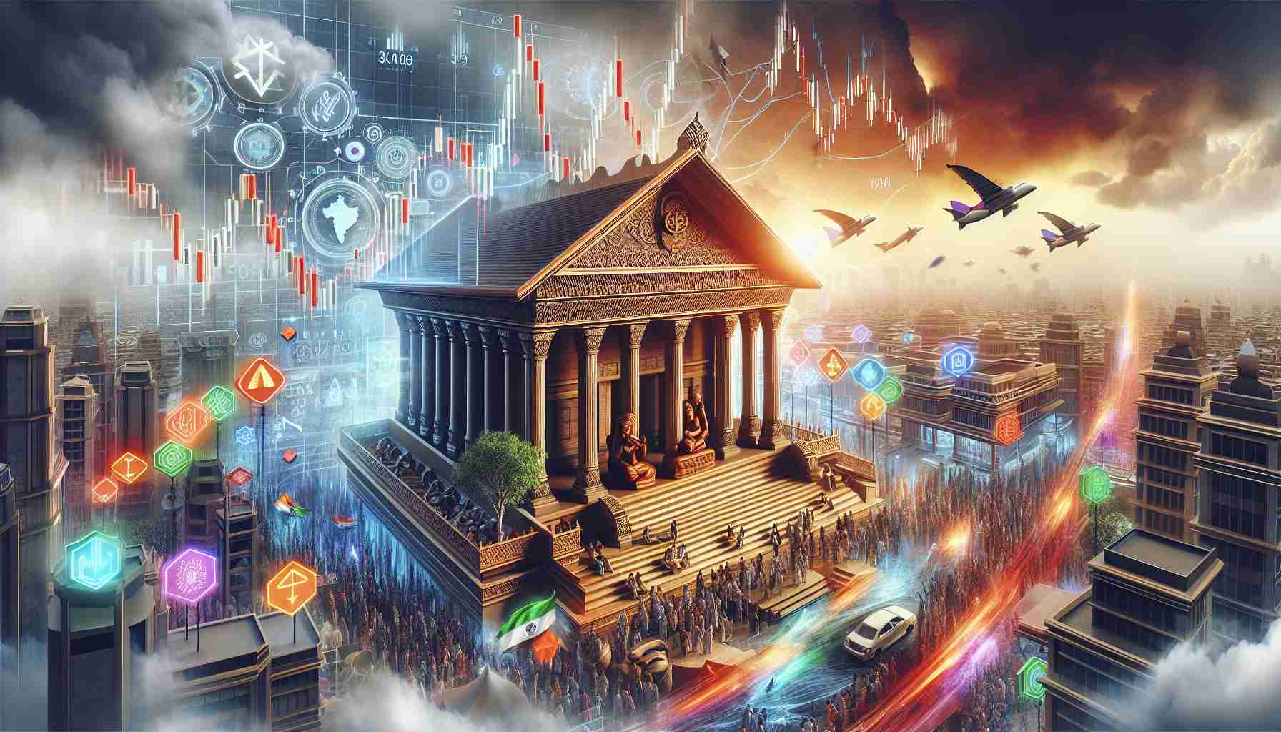 Realistic HD visualization of a market in India experiencing significant changes due to the introduction of an Initial Public Offering (IPO). The image should convey the anticipation, potential turbulence, as well as the hope attached to this new change. Please include various elements that depict financial symbols, stock market charts, and Indian cultural elements for context.