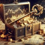 High-definition, realistic depiction of the concept of 'Unlocking the Hidden Secret to Investment Success'. This could be metaphorically represented through an opulent, antique gold key unlocking a chest filled with financial documents, stock market charts, gold coins, and other symbols of wealth. The key can be seen as the knowledge required for investment success, while the chest symbolizes the profits and benefits of insightful investing.