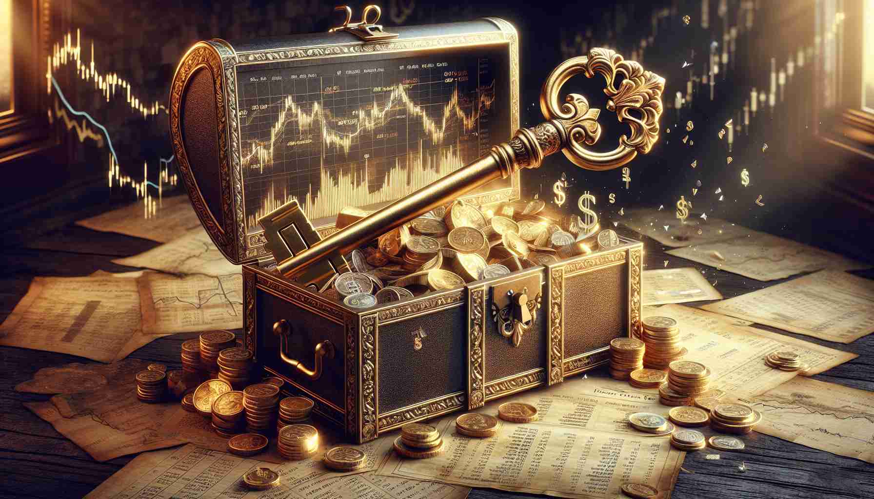 High-definition, realistic depiction of the concept of 'Unlocking the Hidden Secret to Investment Success'. This could be metaphorically represented through an opulent, antique gold key unlocking a chest filled with financial documents, stock market charts, gold coins, and other symbols of wealth. The key can be seen as the knowledge required for investment success, while the chest symbolizes the profits and benefits of insightful investing.